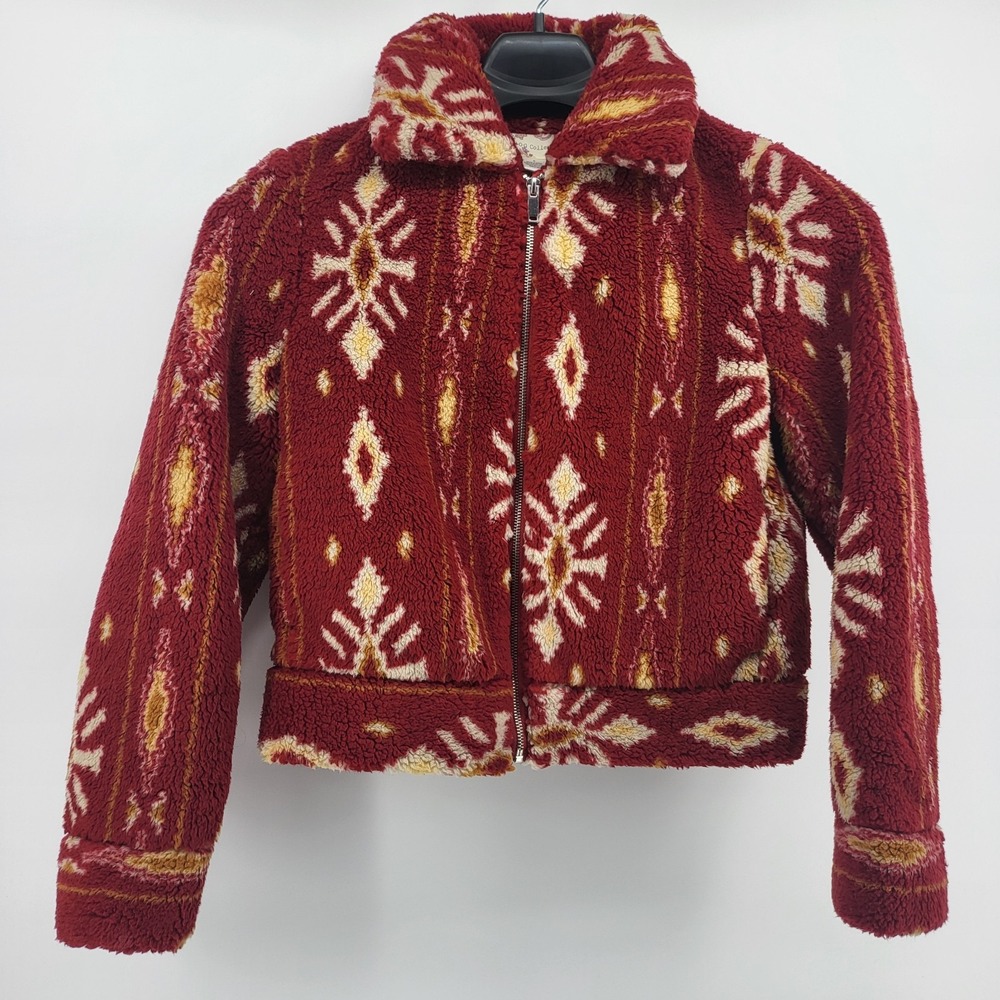 B.O.G. Collective Faux Shearling Aztec Boho Jacket Full Zip Red‎ Gold Large New